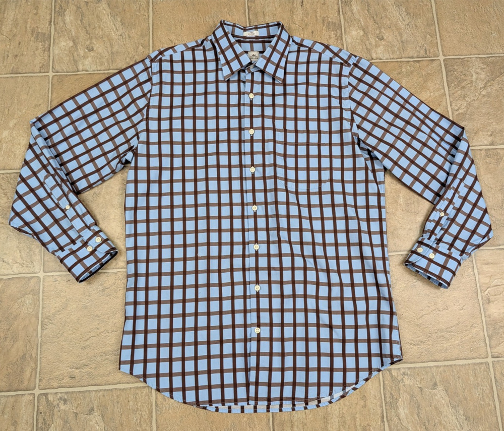Peter Millar sz L Shirt 100% cotton blue brown plaid print long sleeves top 4156